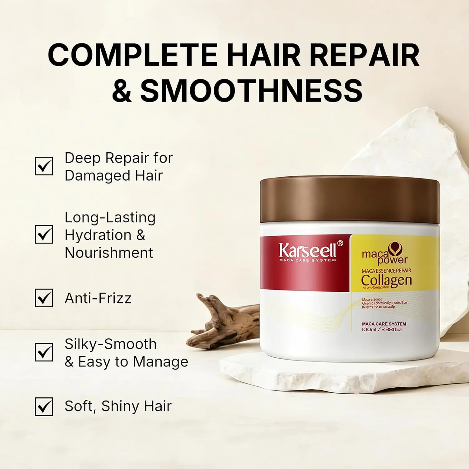This is a small travel size 100ml container of Karseell collagen hair mask treatment with argan oil for repairing dry and damaged hair.