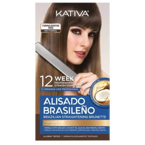 Kativa Brazilian Straightening Brunette Kit for dark hair, featuring coconut and açai oils, offers 12 weeks of straighter, softer, shinier, and more manageable hair with natural movement.