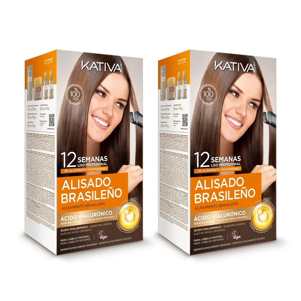 This Kativa Brazilian straightening kit with hyaluronic acid and vegetable keratin offers a vegan, homemade smooth colour treatment for professional-looking, shiny and soft hair that lasts up to 12 weeks.