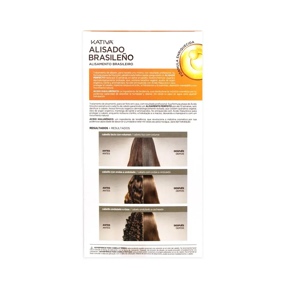 This Kativa Brazilian straightening kit with hyaluronic acid and vegetable keratin offers a vegan, homemade smooth colour treatment for professional-looking, shiny and soft hair that lasts up to 12 weeks.
