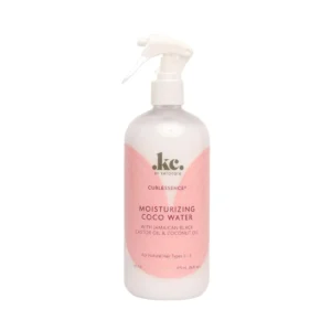 KeraCare COCO Water in a clear bottle with a white sprayer, designed to re-wet, moisturize, define curls, prevent frizz and add shine to hair.