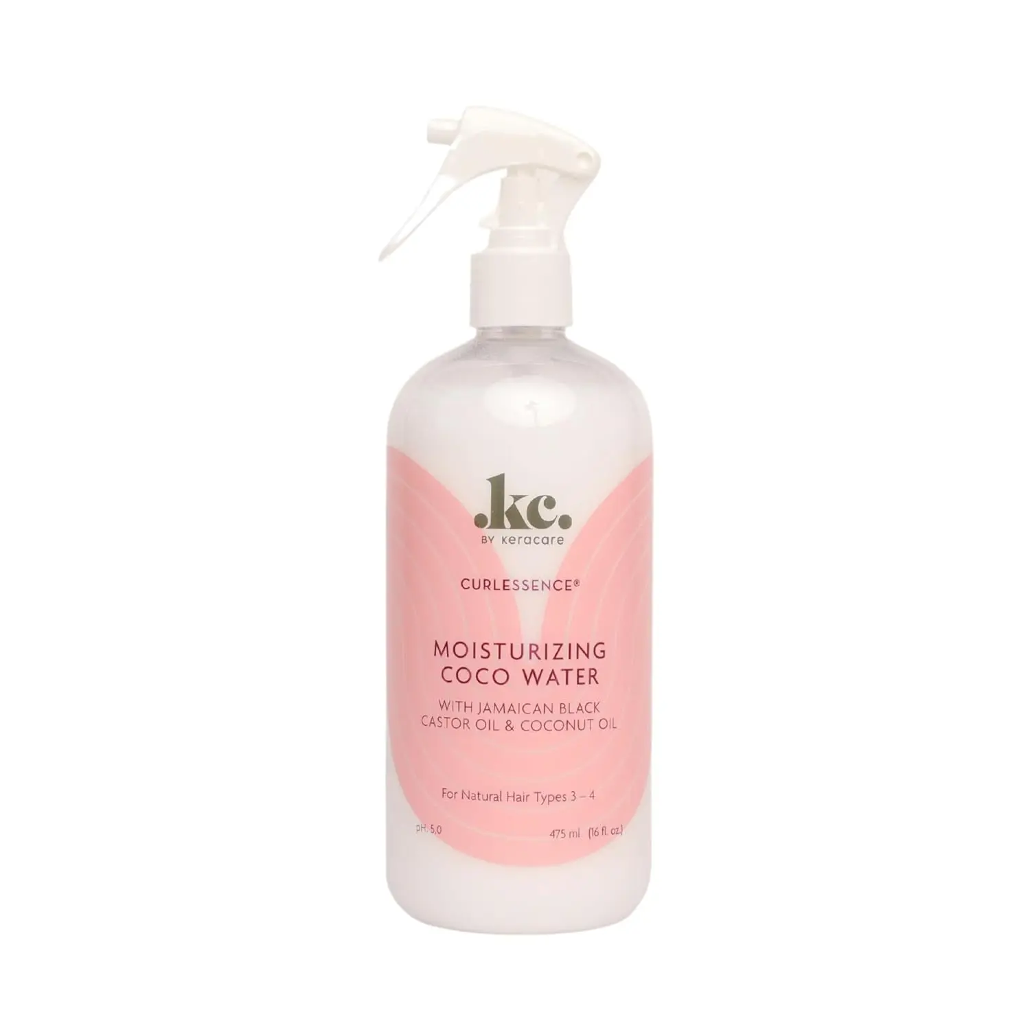 KeraCare COCO Water in a clear bottle with a white sprayer, designed to re-wet, moisturize, define curls, prevent frizz and add shine to hair.