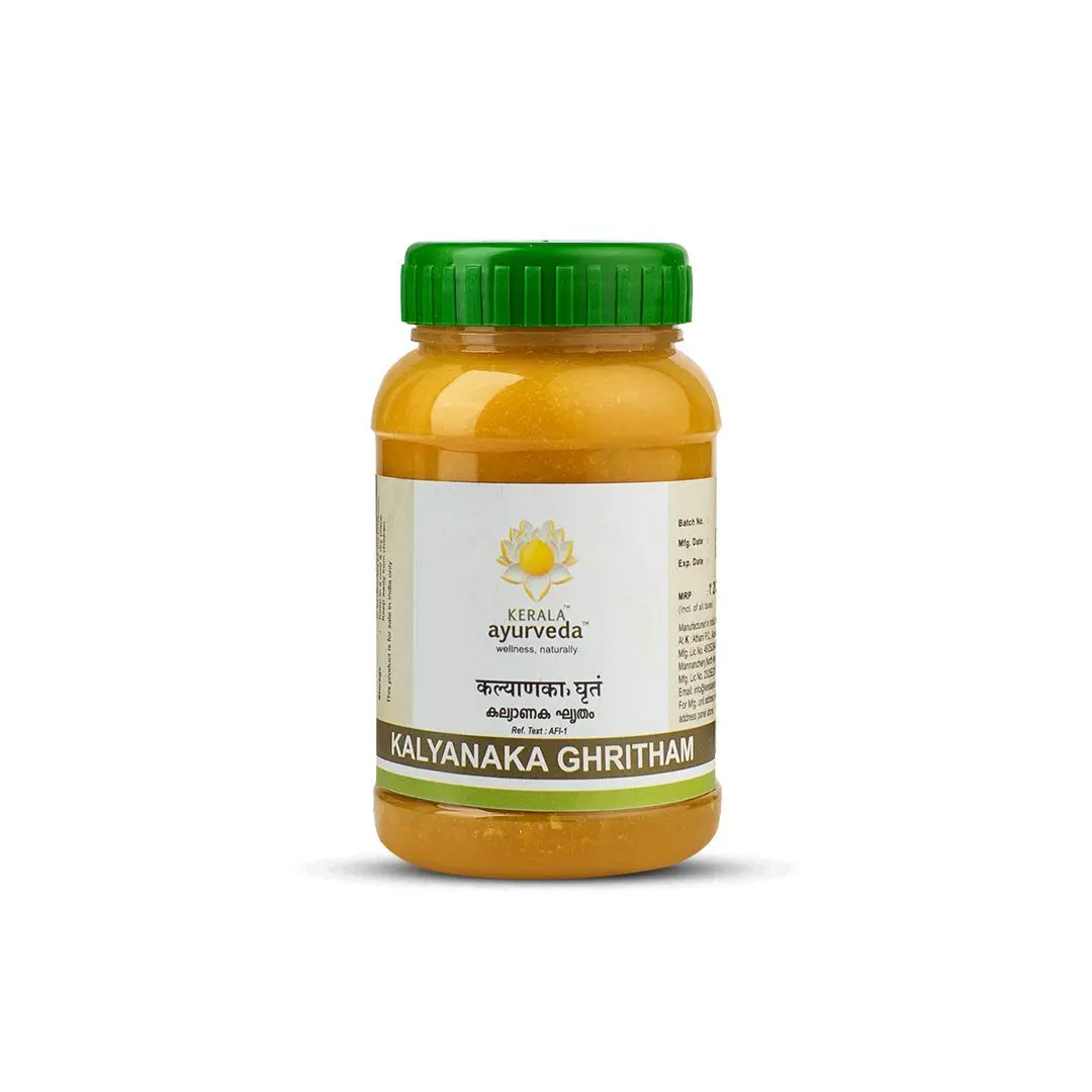 This is a 150 ml bottle of Kerala Ayurveda Kalyanaka Ghritham, a herbal and natural blend that helps with brain function, memory, speech disorders, and mental well-being.