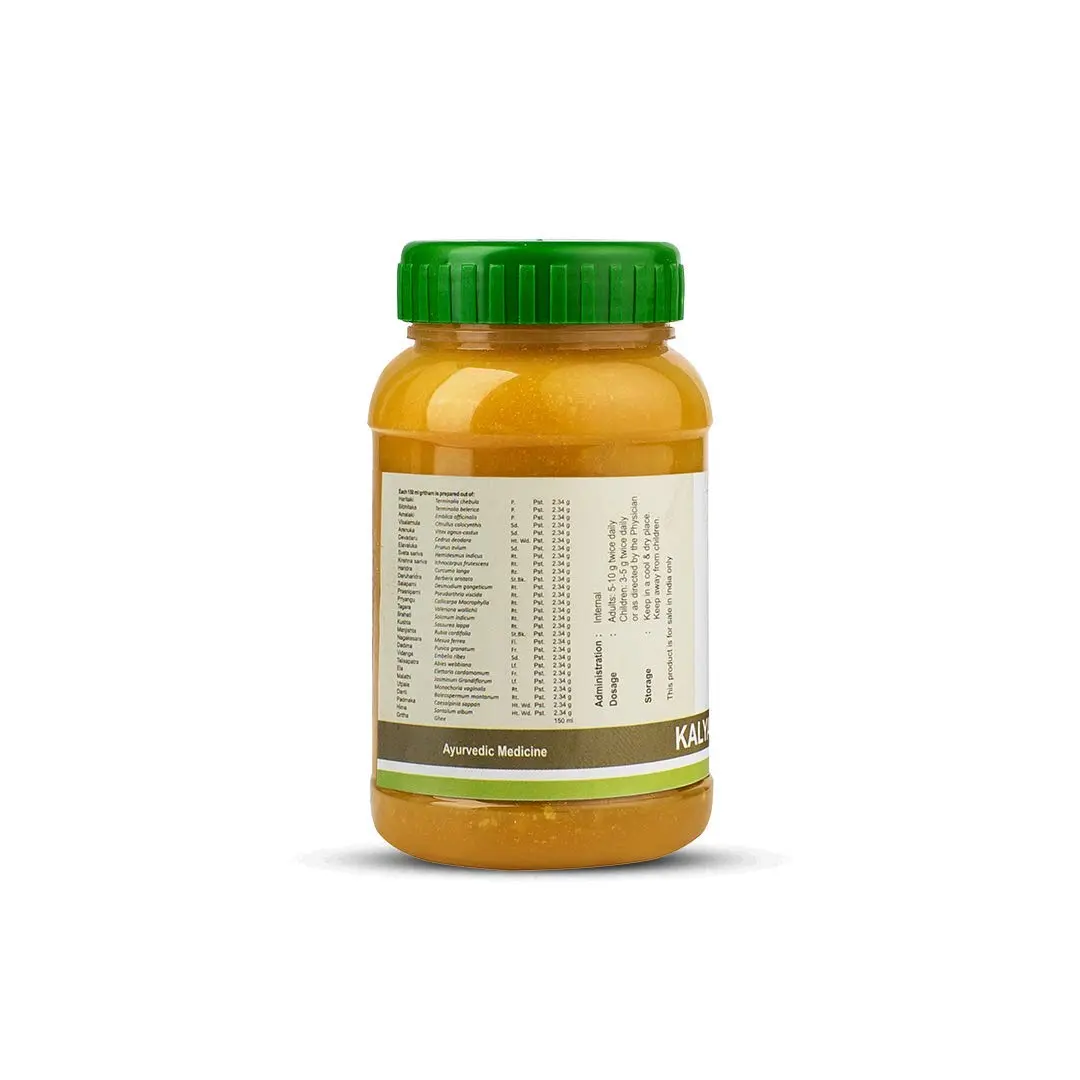 This is a 150 ml bottle of Kerala Ayurveda Kalyanaka Ghritham, a herbal and natural blend that helps with brain function, memory, speech disorders, and mental well-being.