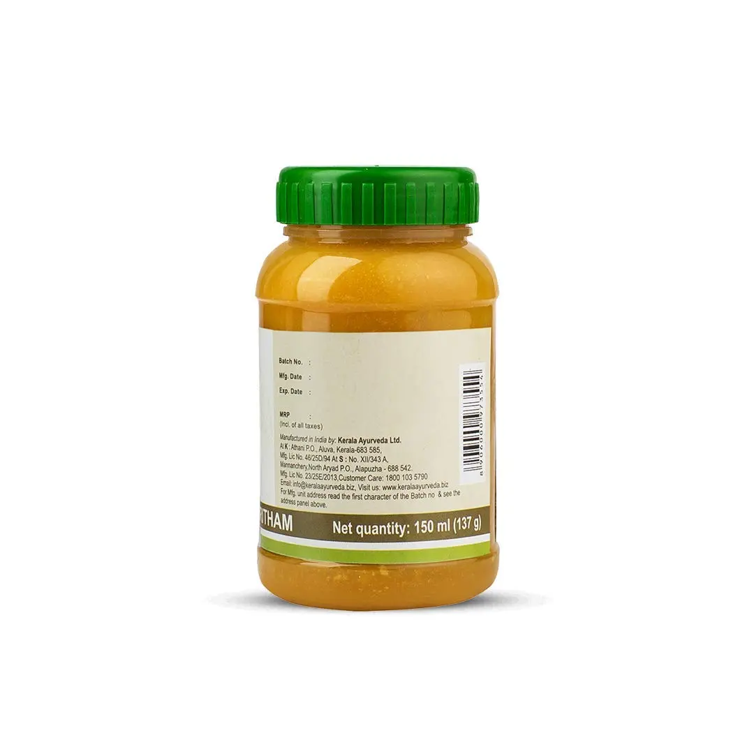 This is a 150 ml bottle of Kerala Ayurveda Kalyanaka Ghritham, a herbal and natural blend that helps with brain function, memory, speech disorders, and mental well-being.