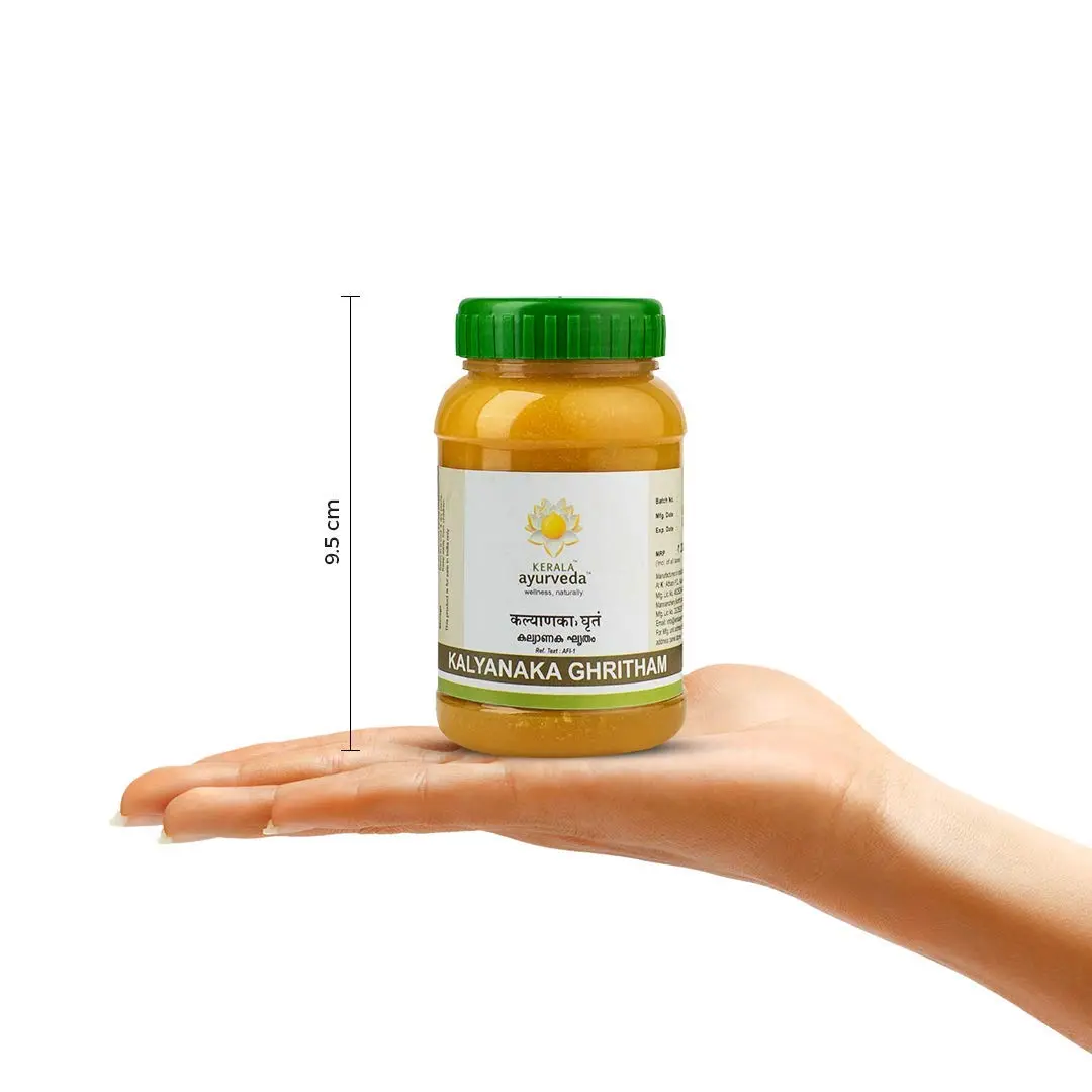 This is a 150 ml bottle of Kerala Ayurveda Kalyanaka Ghritham, a herbal and natural blend that helps with brain function, memory, speech disorders, and mental well-being.