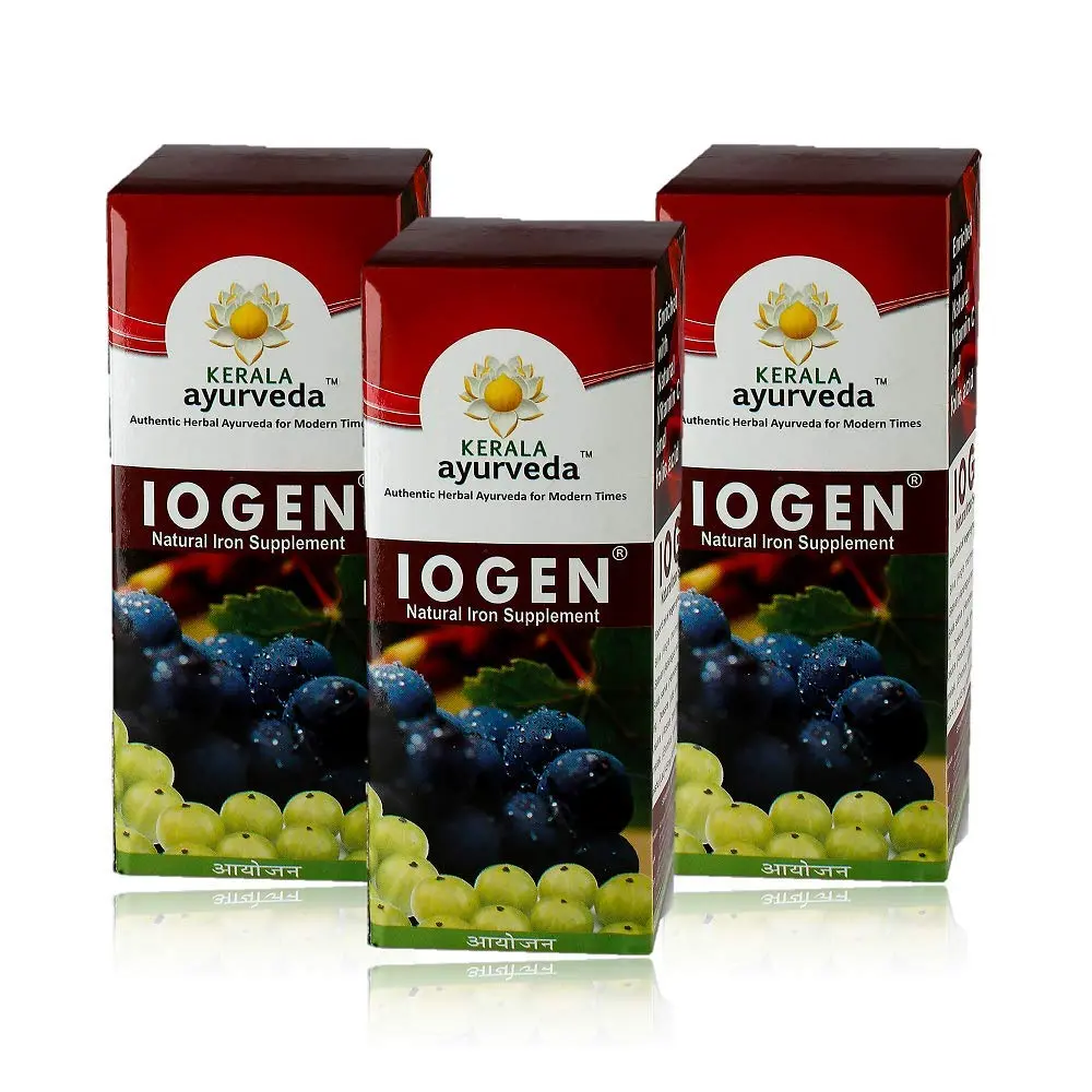 Three bottles of Kerala Ayurveda Myaxyl Iogen, an ayurvedic medicine for anemia and to improve appetite.