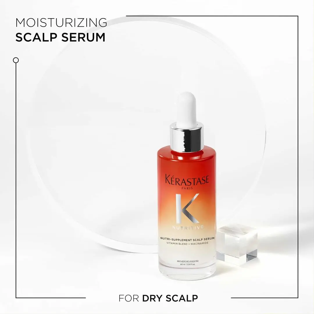 Kérastase Nutritive hair serum providing instant hydration for dry scalp and dry hair, loaded with essential vitamins and quickly absorbing into the hair.