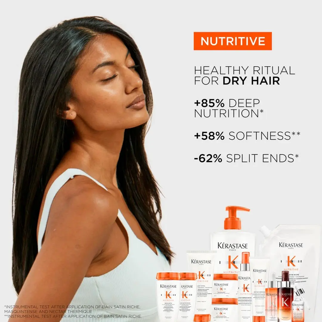 Kérastase Nutritive hair serum providing instant hydration for dry scalp and dry hair, loaded with essential vitamins and quickly absorbing into the hair.