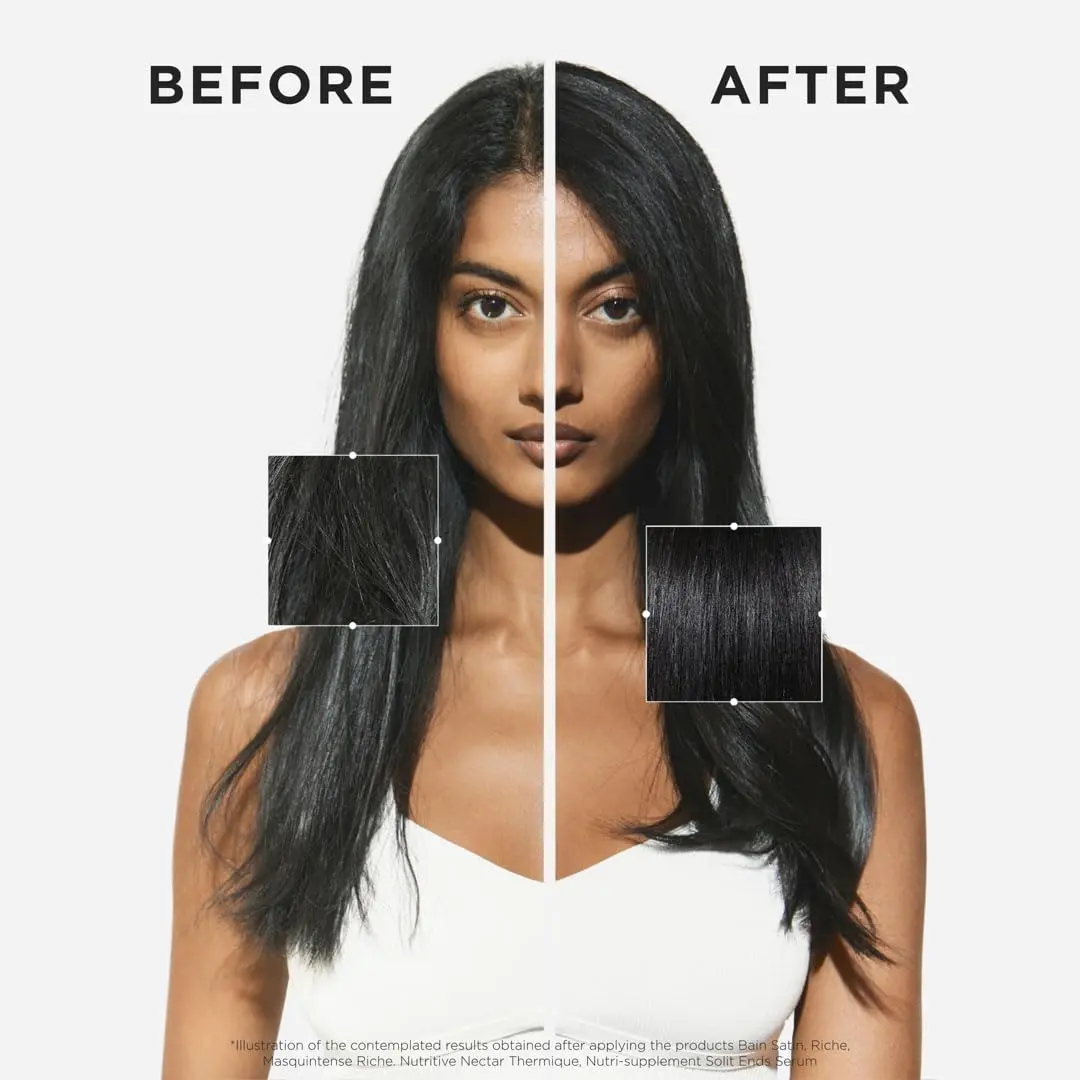 Kérastase Nutritive hair serum providing instant hydration for dry scalp and dry hair, loaded with essential vitamins and quickly absorbing into the hair.