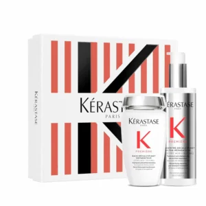 Kerastase Première routine for damaged hair features a double-action repair system that removes calcium buildup and strengthens hair by reconnecting broken keratin bonds.