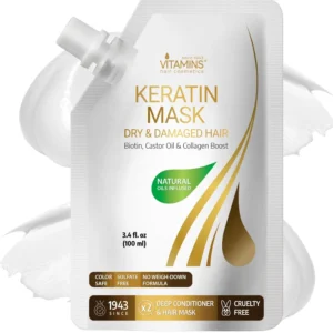 Nourishing keratin hair mask treatment with argan and essential oils to deeply condition, repair, hydrate, and add shine to dry, damaged, color-treated, or frizzy hair, leaving it soft, silky, and manageable.