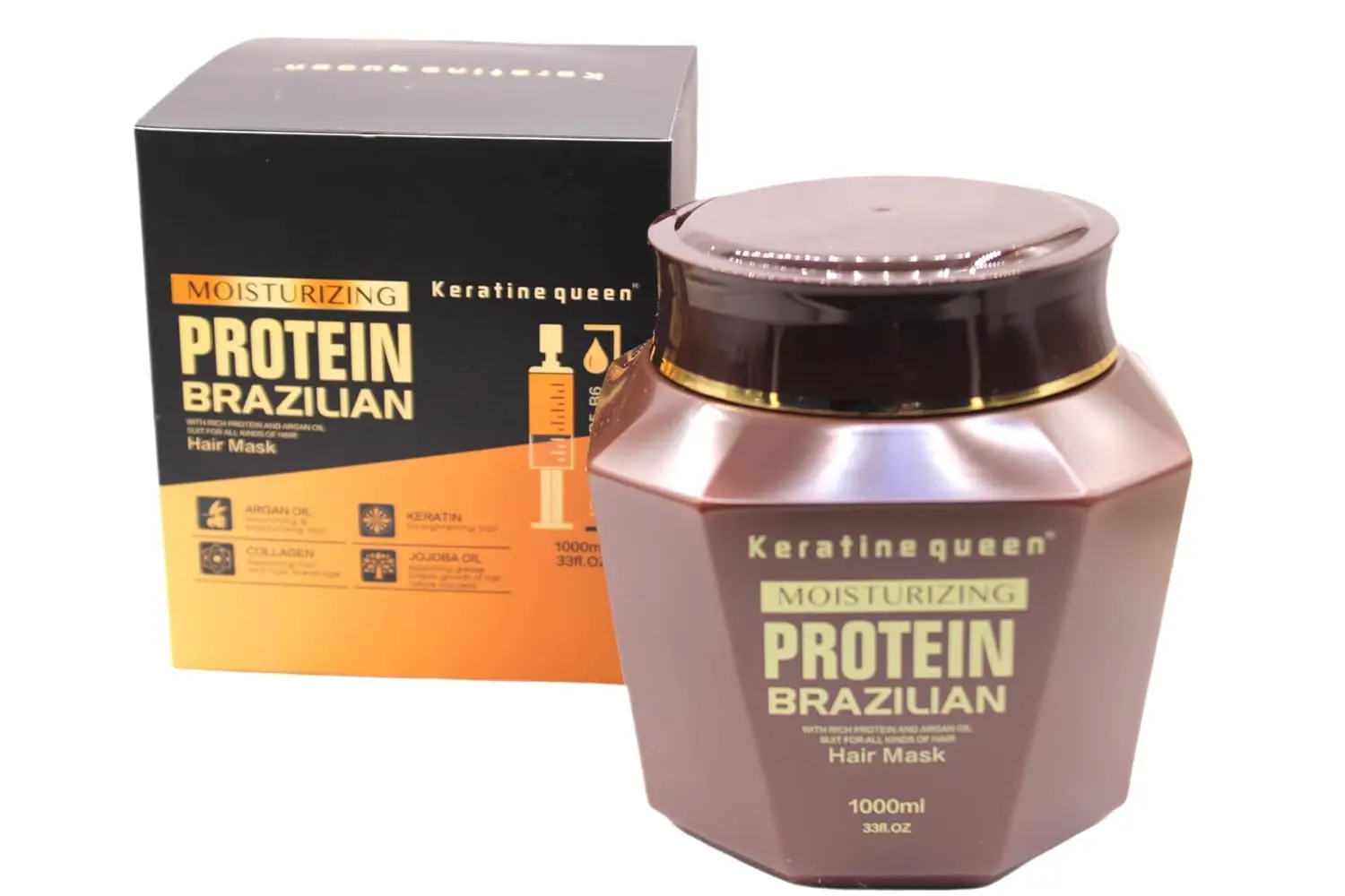 A large container of keratin hair mask designed to deeply moisturize, repair, and strengthen dry and damaged hair with argan oil, collagen, and jojoba oil.