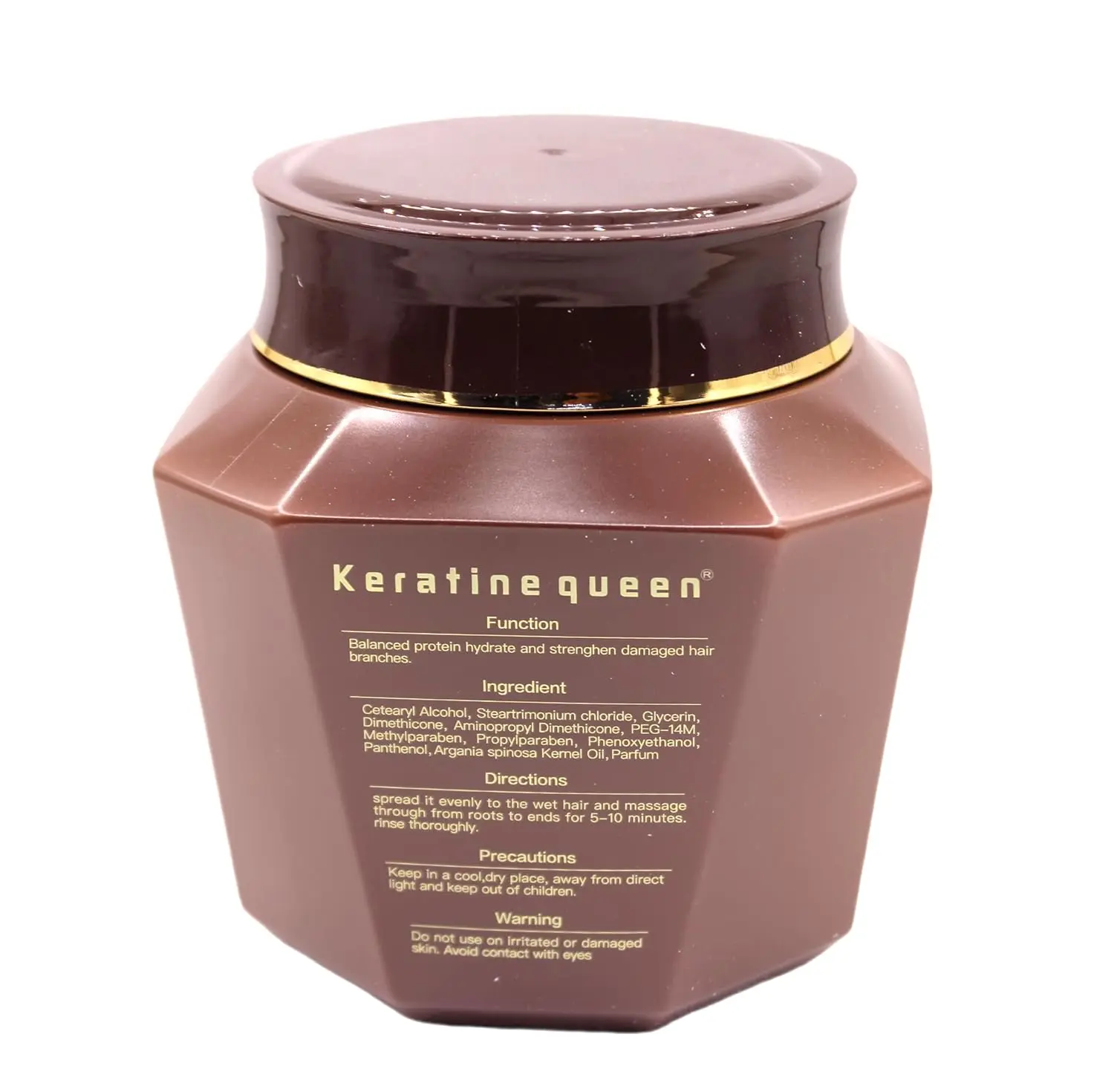 A large container of keratin hair mask designed to deeply moisturize, repair, and strengthen dry and damaged hair with argan oil, collagen, and jojoba oil.