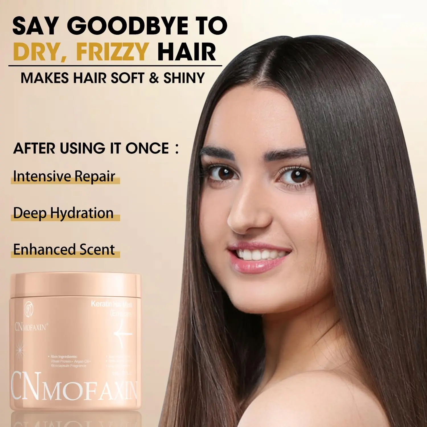 Hydrating keratin hair mask with argan oil and wheat protein to deeply condition, repair, and revitalize dry, damaged, or color-treated hair, reducing frizz and enhancing shine.
