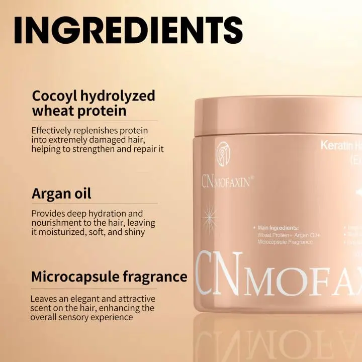 Hydrating keratin hair mask with argan oil and wheat protein to deeply condition, repair, and revitalize dry, damaged, or color-treated hair, reducing frizz and enhancing shine.