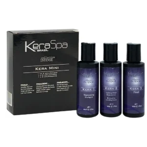 Keraspa keratin smoothing treatment mini kit with shampoo and smoothing system for removing impurities and preparing hair for intense smoothing.