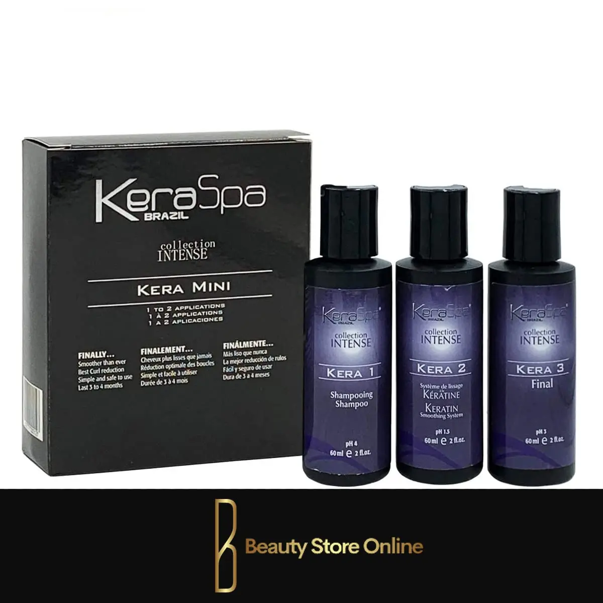 Keraspa keratin smoothing treatment mini kit with shampoo and smoothing system for removing impurities and preparing hair for intense smoothing.
