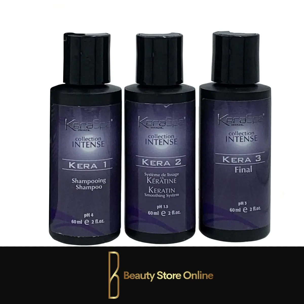 Keraspa keratin smoothing treatment mini kit with shampoo and smoothing system for removing impurities and preparing hair for intense smoothing.