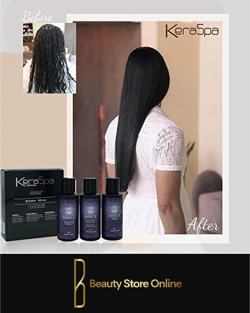 Keraspa keratin smoothing treatment mini kit with shampoo and smoothing system for removing impurities and preparing hair for intense smoothing.