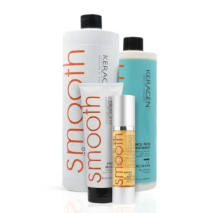 Keragen Brazilian Keratin smoothing treatment kit with clarifying shampoo, keratin treatment, deep conditioning hair mask, and argan oil serum for achieving salon-quality, formaldehyde-free hair straightening at home.