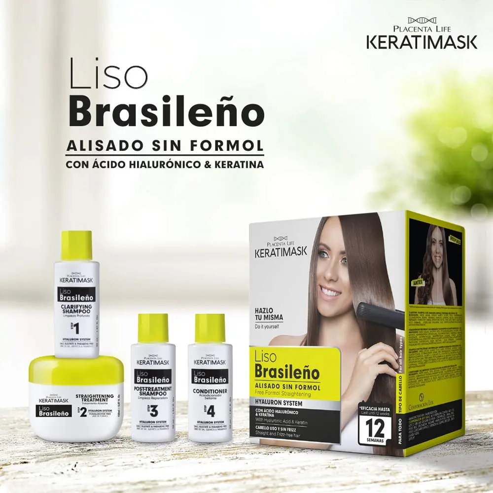 The Placenta Life Keratimask Brazilian Straightening Kit includes shampoo, conditioner, and thermo-protector for professional, long-lasting straight hair with reduced frizz and added shine.