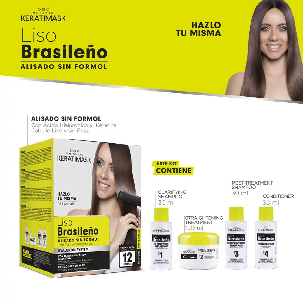 The Placenta Life Keratimask Brazilian Straightening Kit includes shampoo, conditioner, and thermo-protector for professional, long-lasting straight hair with reduced frizz and added shine.