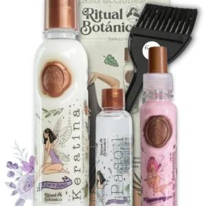 Keratina Ritual Botanico hair smoothing treatment and heat protector, a vegan and organic formula from Colombia designed to nourish, straighten, and protect natural, curly, color-treated, and damaged hair for up to 5 months, including applicator brush and instructions.