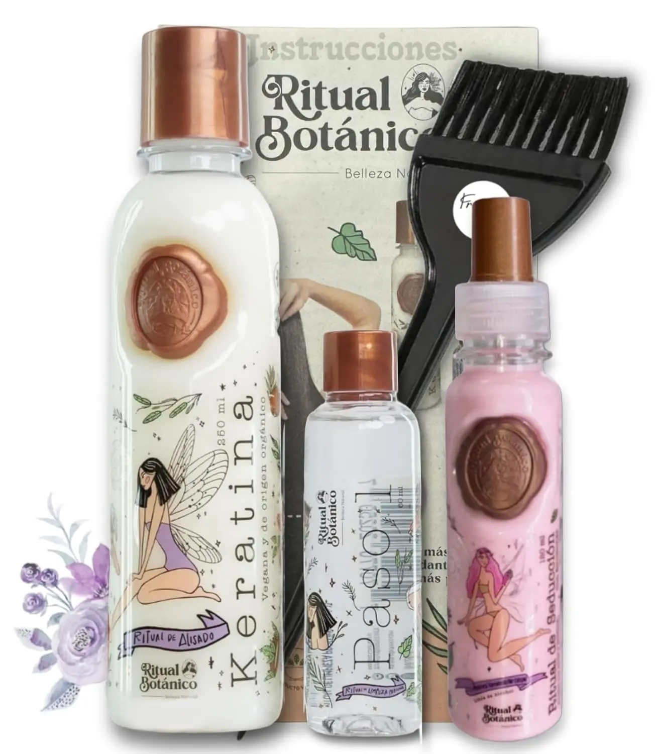 Keratina Ritual Botanico hair smoothing treatment and heat protector, a vegan and organic formula from Colombia designed to nourish, straighten, and protect natural, curly, color-treated, and damaged hair for up to 5 months, including applicator brush and instructions.