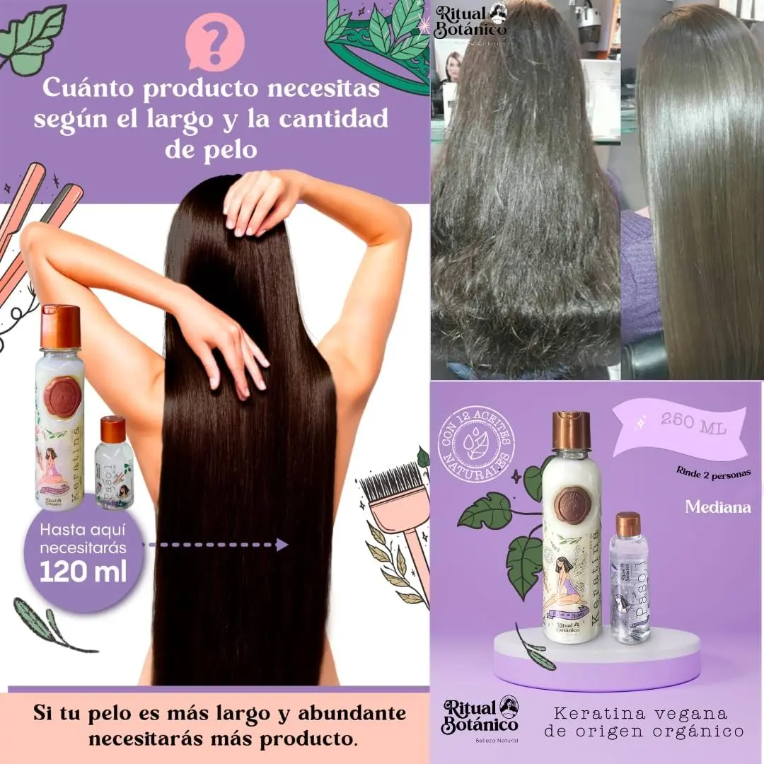 Keratina Ritual Botanico hair smoothing treatment and heat protector, a vegan and organic formula from Colombia designed to nourish, straighten, and protect natural, curly, color-treated, and damaged hair for up to 5 months, including applicator brush and instructions.