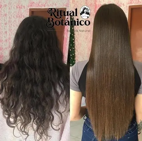 Keratina Ritual Botanico hair smoothing treatment and heat protector, a vegan and organic formula from Colombia designed to nourish, straighten, and protect natural, curly, color-treated, and damaged hair for up to 5 months, including applicator brush and instructions.
