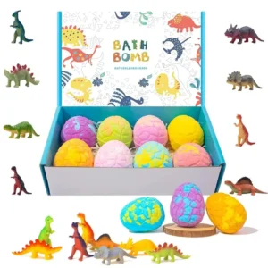 This kids bath bombs gift set includes eight colorful and fragrant bath bombs, each containing a surprise toy inside to make bath time fun for girls and boys.