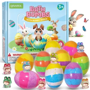 This set of nine natural bath bombs for kids features a surprise toy inside each colorful, rabbit-shaped bath bomb, making bath time fun and exciting.