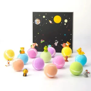 A colorful gift set of 12 kids bath bombs with surprise toys inside, perfect for children's birthdays and fun bath times.