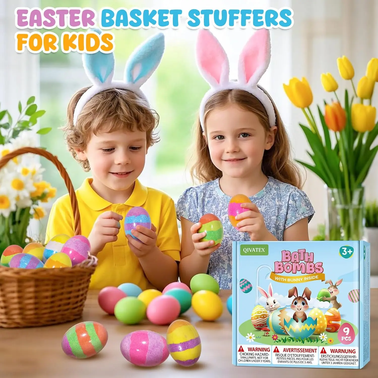 This set of nine natural bath bombs for kids features a surprise toy inside each colorful, rabbit-shaped bath bomb, making bath time fun and exciting.