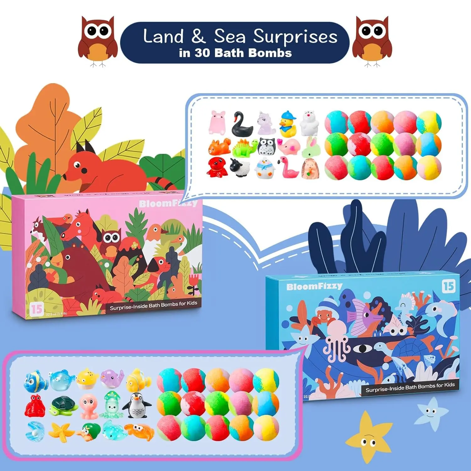 This 30 pack of BloomFizzy bath bombs for kids features fun, fizzing bath bombs with surprise animal toys inside, made with natural ingredients for a safe and educational bathtime experience.