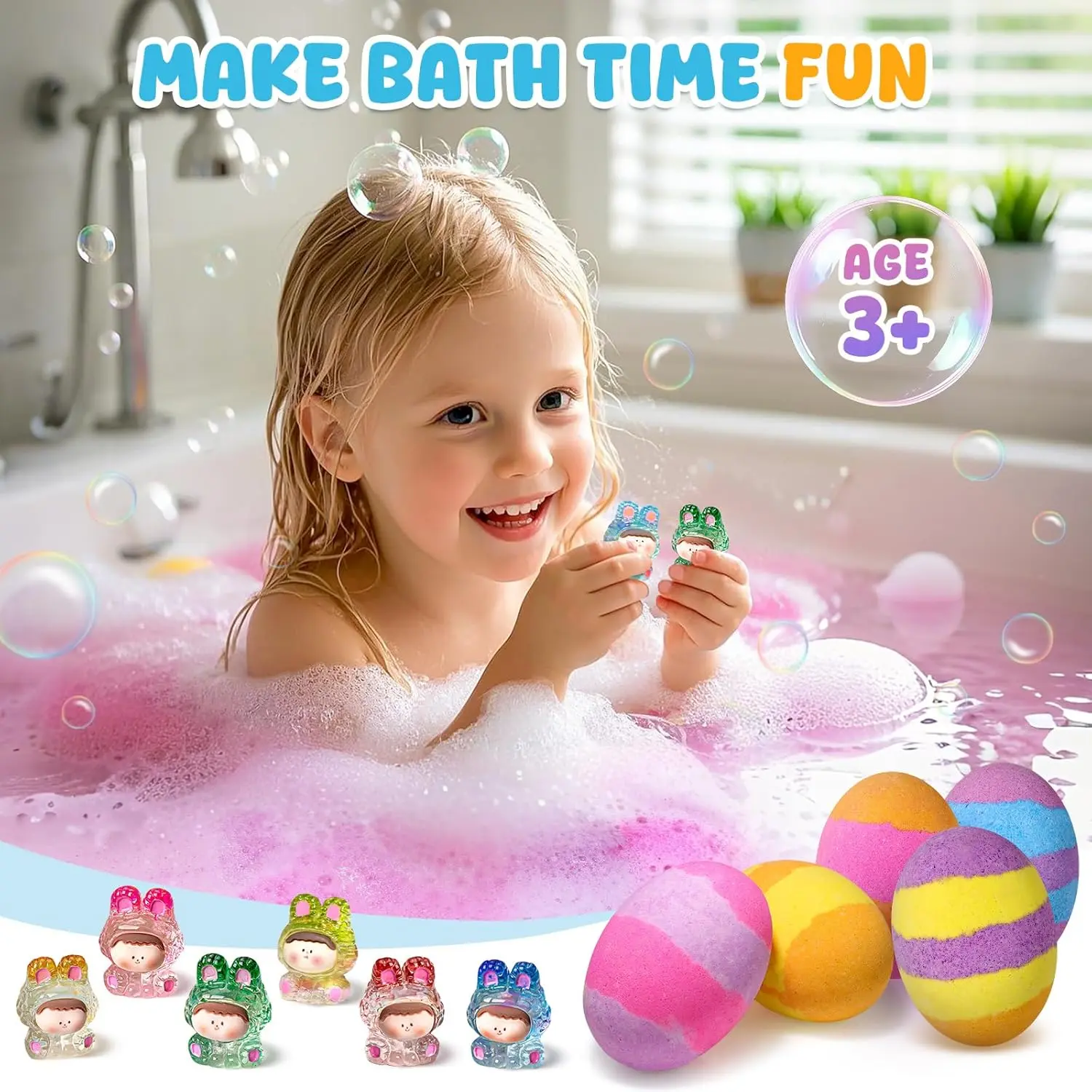 This set of nine natural bath bombs for kids features a surprise toy inside each colorful, rabbit-shaped bath bomb, making bath time fun and exciting.