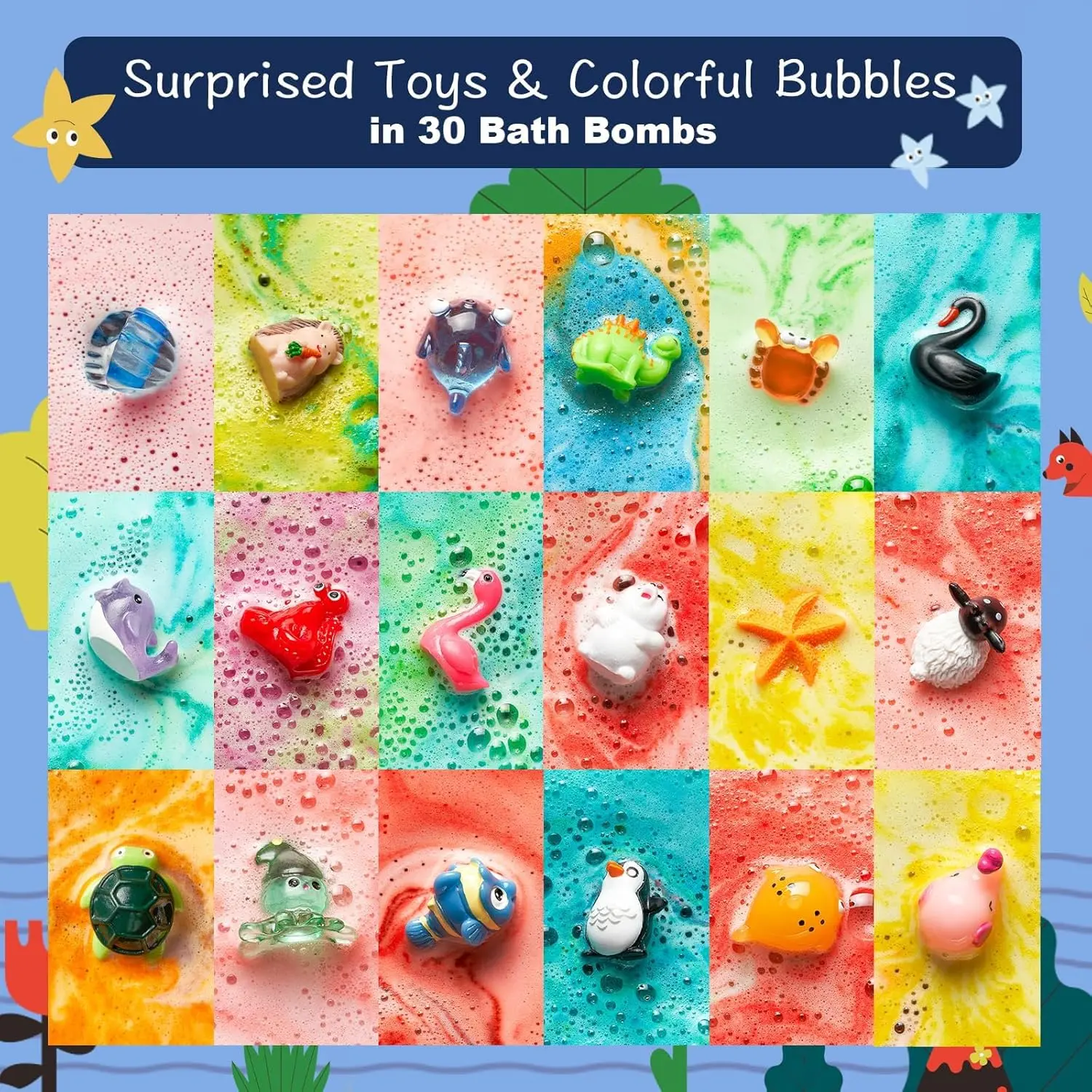 This 30 pack of BloomFizzy bath bombs for kids features fun, fizzing bath bombs with surprise animal toys inside, made with natural ingredients for a safe and educational bathtime experience.
