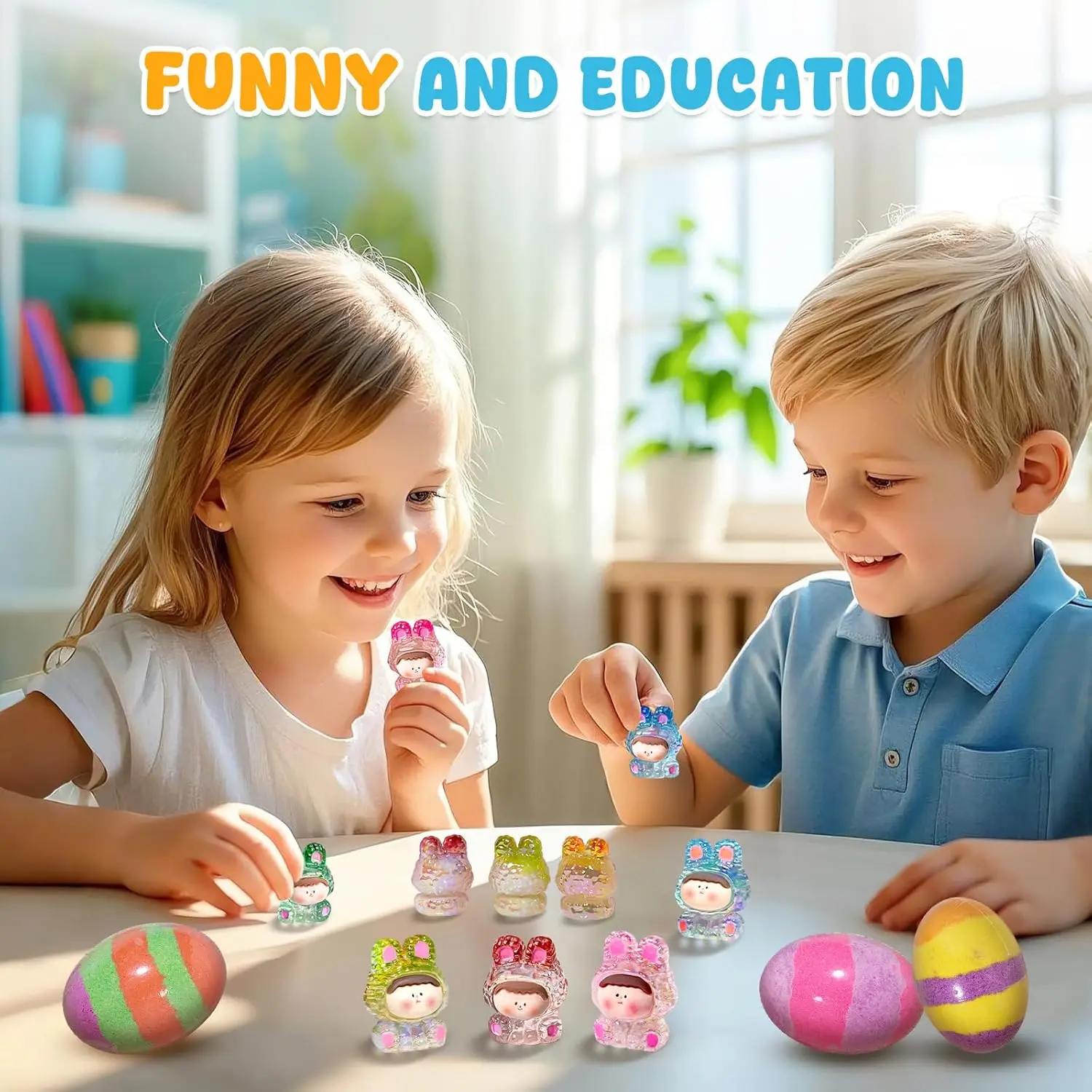 This set of nine natural bath bombs for kids features a surprise toy inside each colorful, rabbit-shaped bath bomb, making bath time fun and exciting.