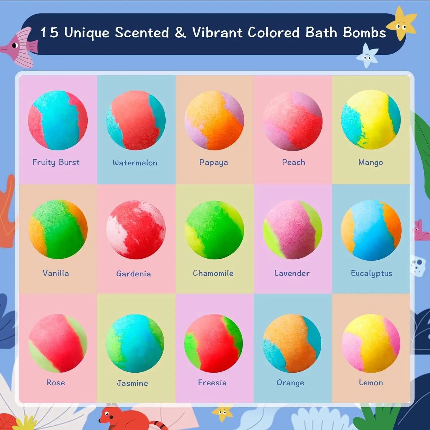 This 30 pack of BloomFizzy bath bombs for kids features fun, fizzing bath bombs with surprise animal toys inside, made with natural ingredients for a safe and educational bathtime experience.