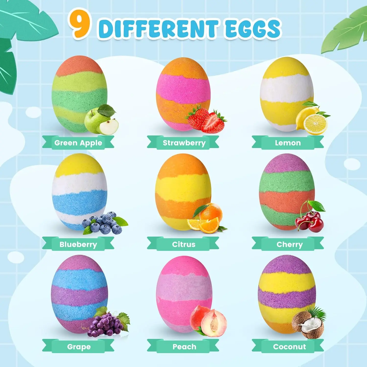 This set of nine natural bath bombs for kids features a surprise toy inside each colorful, rabbit-shaped bath bomb, making bath time fun and exciting.