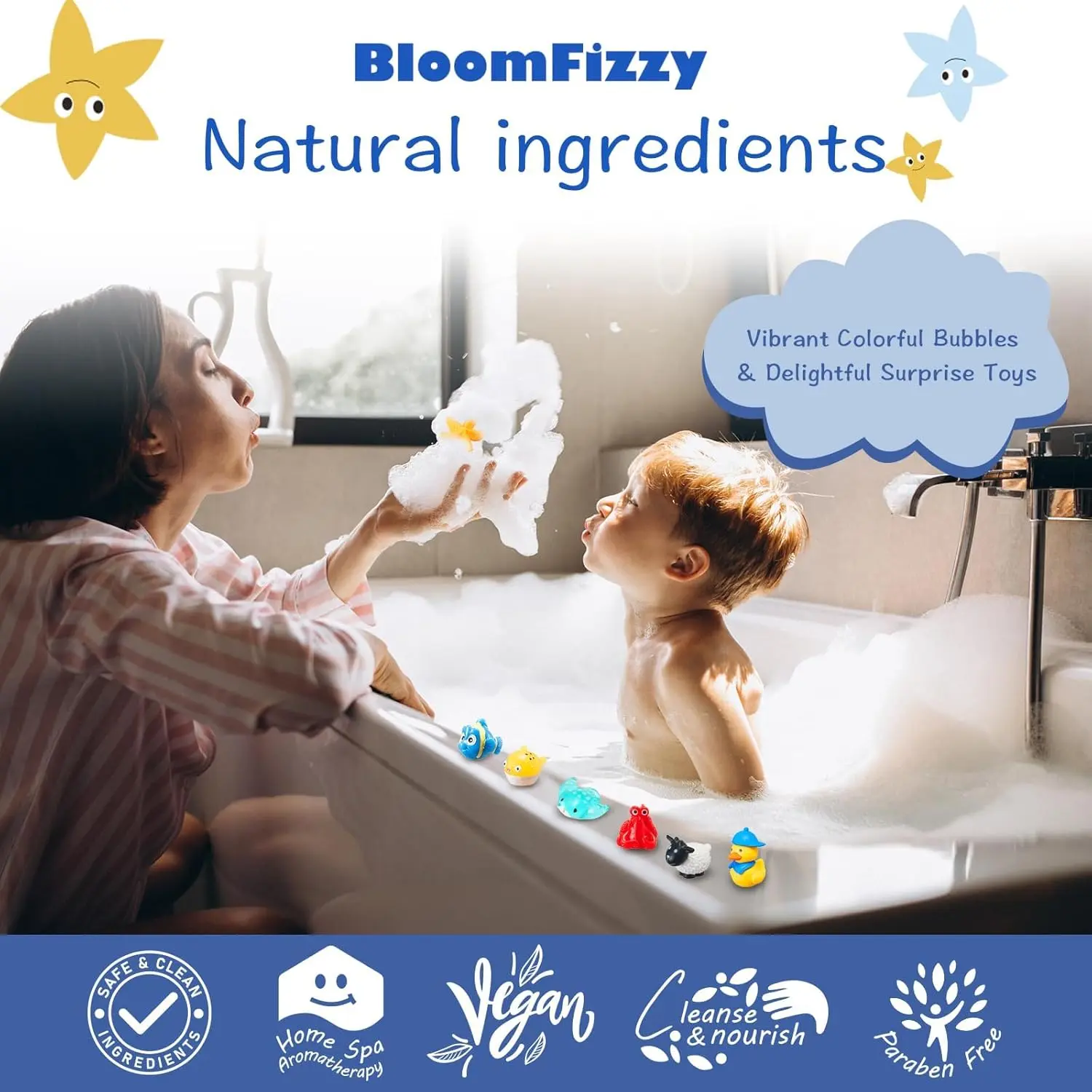 This 30 pack of BloomFizzy bath bombs for kids features fun, fizzing bath bombs with surprise animal toys inside, made with natural ingredients for a safe and educational bathtime experience.