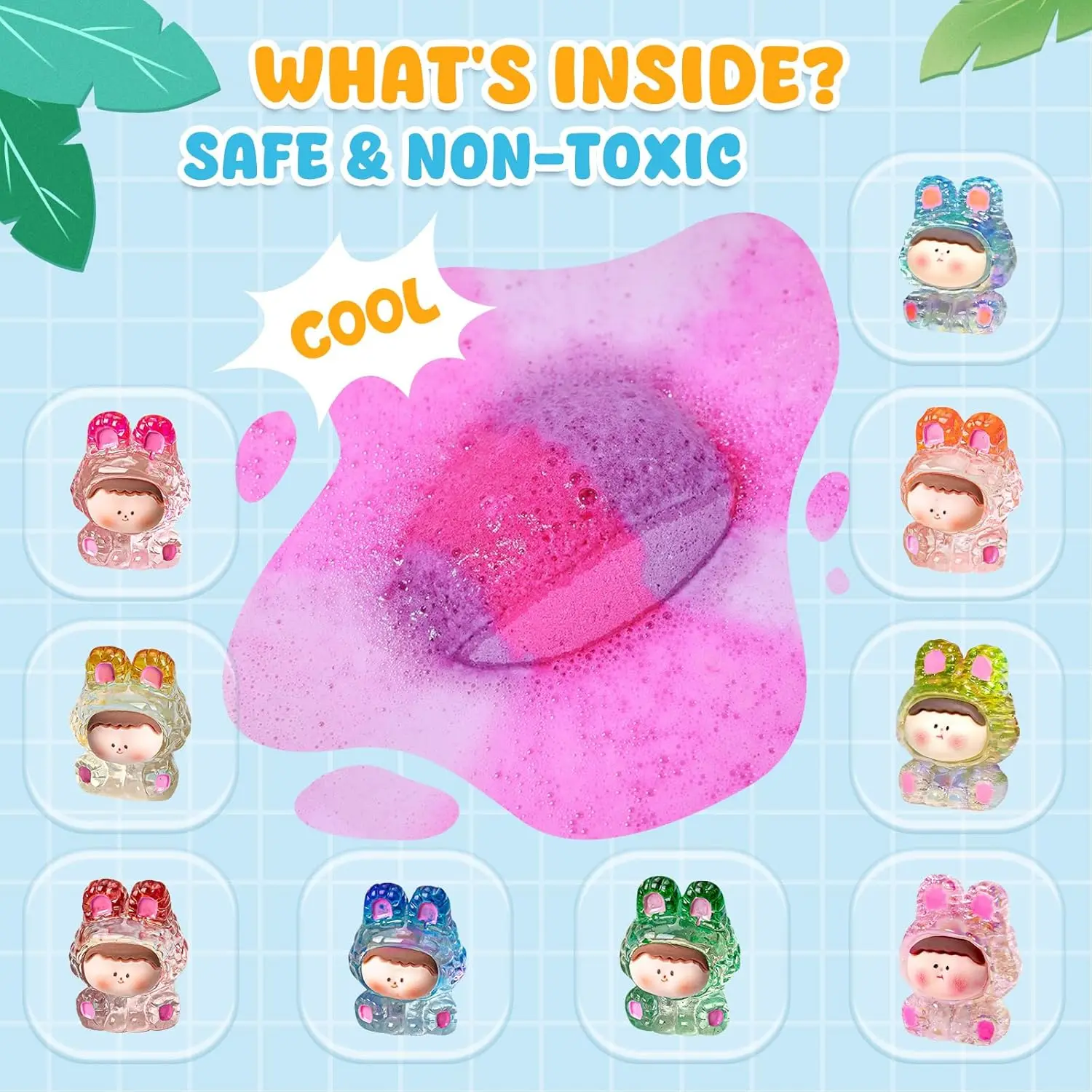 This set of nine natural bath bombs for kids features a surprise toy inside each colorful, rabbit-shaped bath bomb, making bath time fun and exciting.