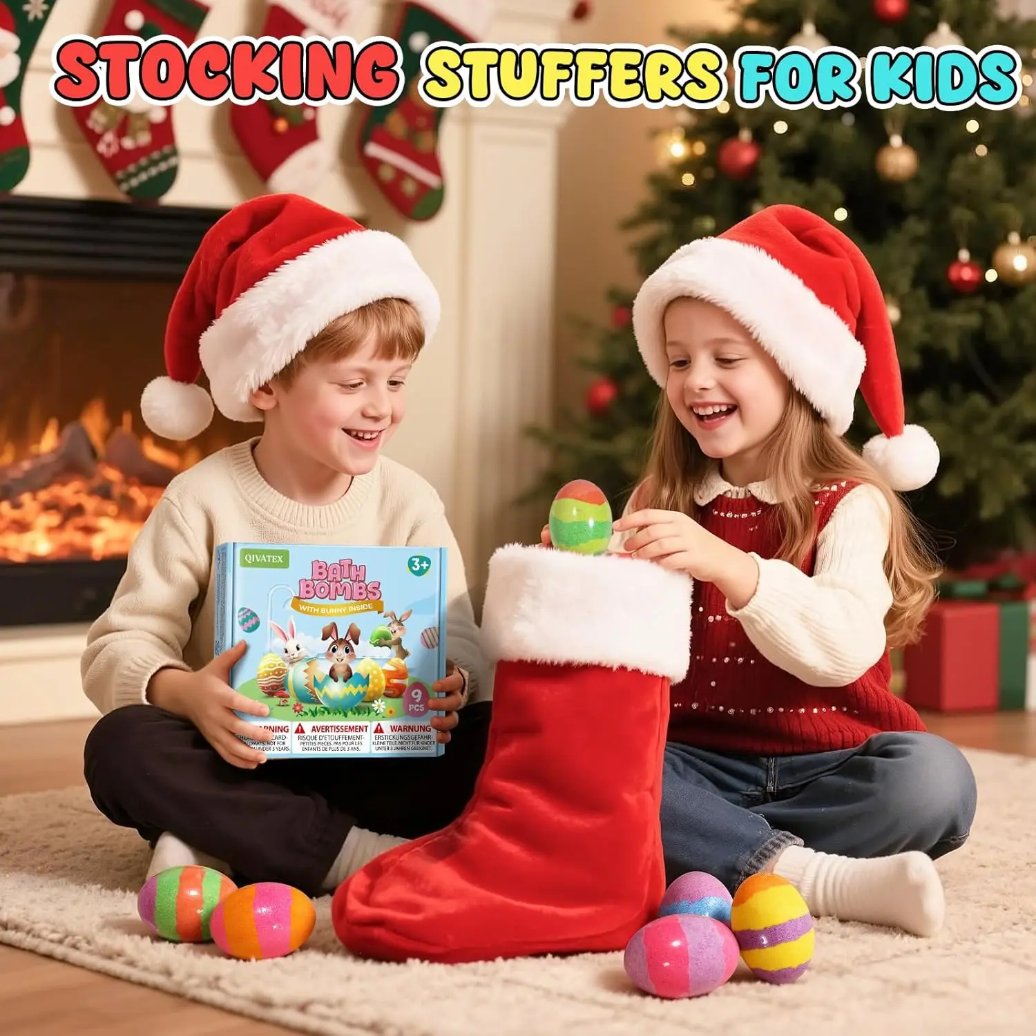 This set of nine natural bath bombs for kids features a surprise toy inside each colorful, rabbit-shaped bath bomb, making bath time fun and exciting.