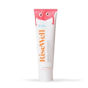 A tube of Risewell kids toothpaste with a cake batter scent is formulated with natural hydroxyapatite for gentle cleaning of children's sensitive teeth.