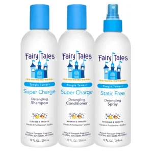 Fairy Tales Tangle Tamer bundle of detangling shampoo, conditioner and spray, a sulfate and paraben free haircare solution for smoothing and moisturizing kids' unruly hair.