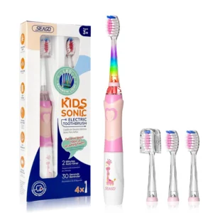 Green giraffe kids electric toothbrush with rainbow LED lights and timer promotes fun and effective teeth cleaning for children aged 5-8.
