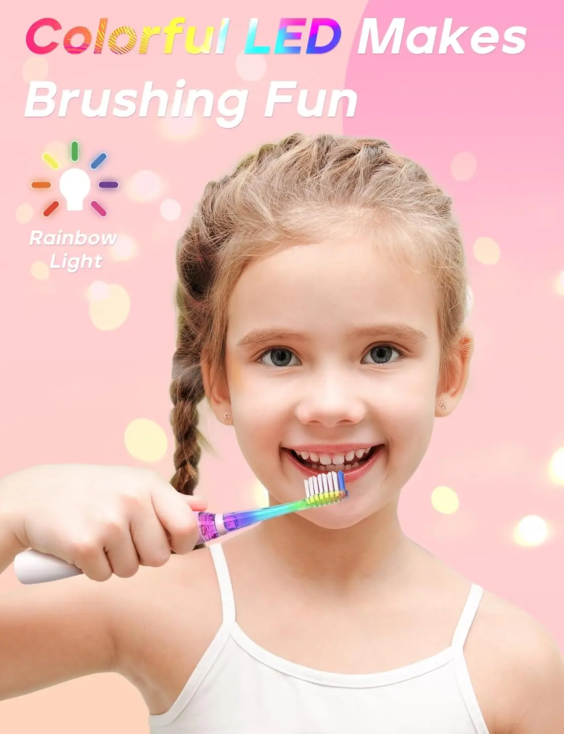 Green giraffe kids electric toothbrush with rainbow LED lights and timer promotes fun and effective teeth cleaning for children aged 5-8.