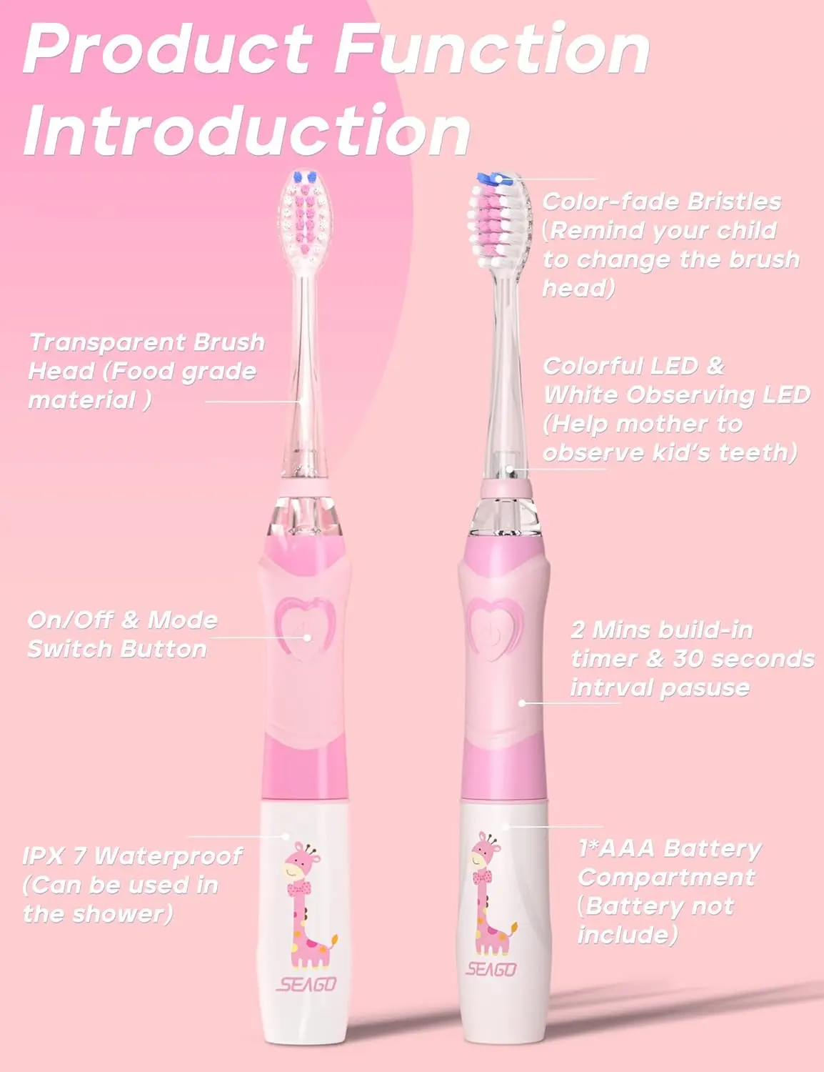 Green giraffe kids electric toothbrush with rainbow LED lights and timer promotes fun and effective teeth cleaning for children aged 5-8.