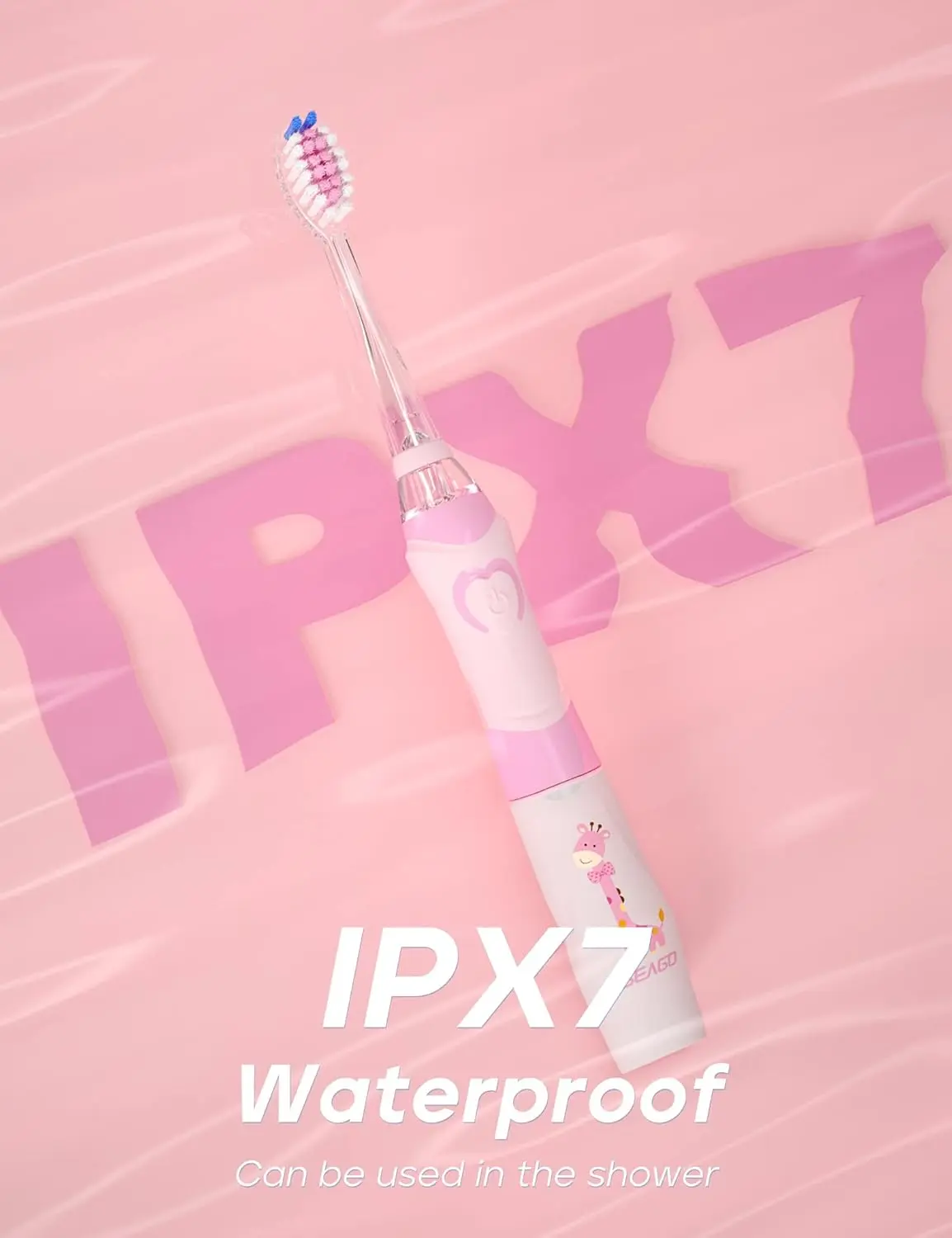 Green giraffe kids electric toothbrush with rainbow LED lights and timer promotes fun and effective teeth cleaning for children aged 5-8.